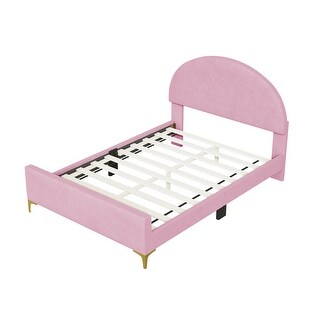 Velvet Upholstered Bed Frame Platform Bed with Classic Semi-circle Shaped Headboard & Metal Legs for Kids,Pink - Full