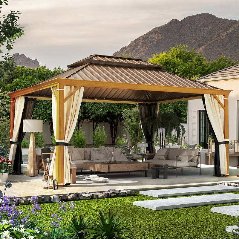 EROMMY Hardtop Gazebo with Galvanized Steel Roof and Curtains, Outdoor Aluminum Pavilion for Patio, Backyard, Lawn - 12'x16' - Wood Grain