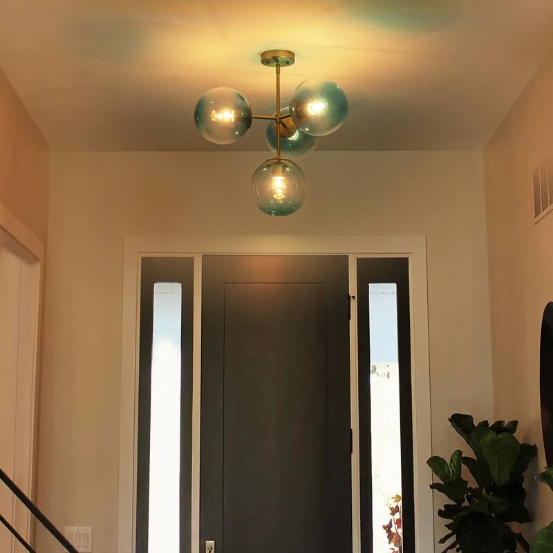 4-Light Modern Tiered Linear Sputnik Pendant Light in Brushed Gold/Black with Gradient Blue Glass Globes
