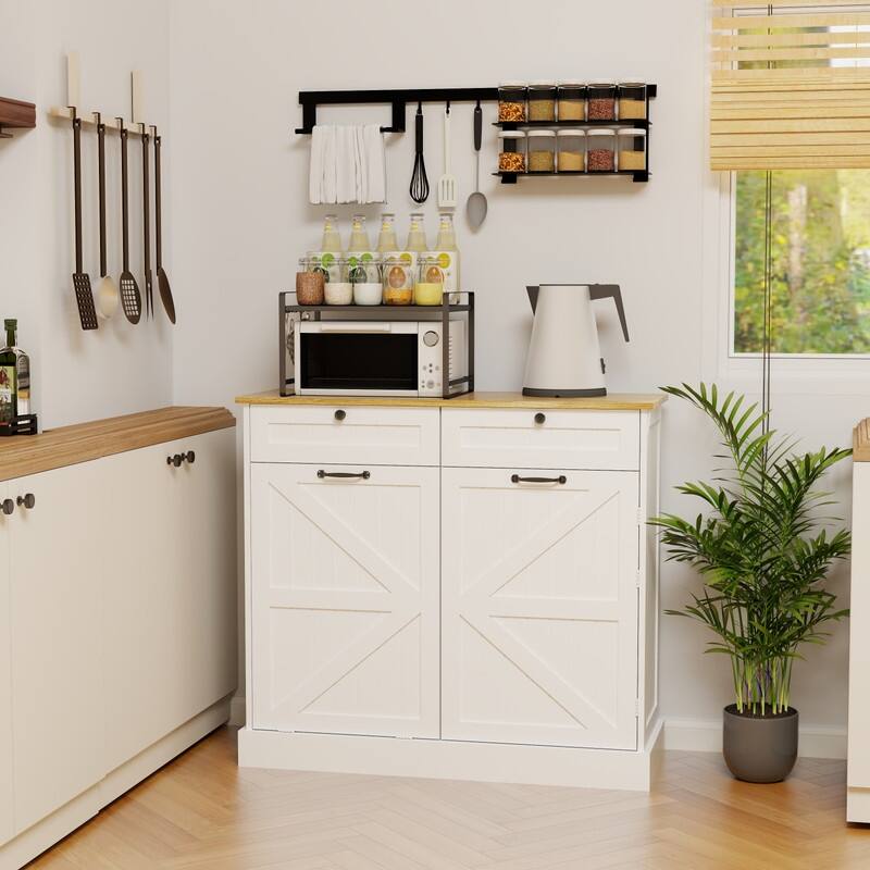 White Kitchen Trash Can Storage Cabinet with Drawers and Shelves