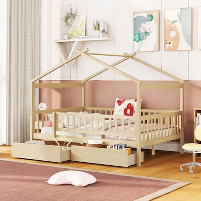 Full Size Wooden House Bed with Two Drawers, Natural