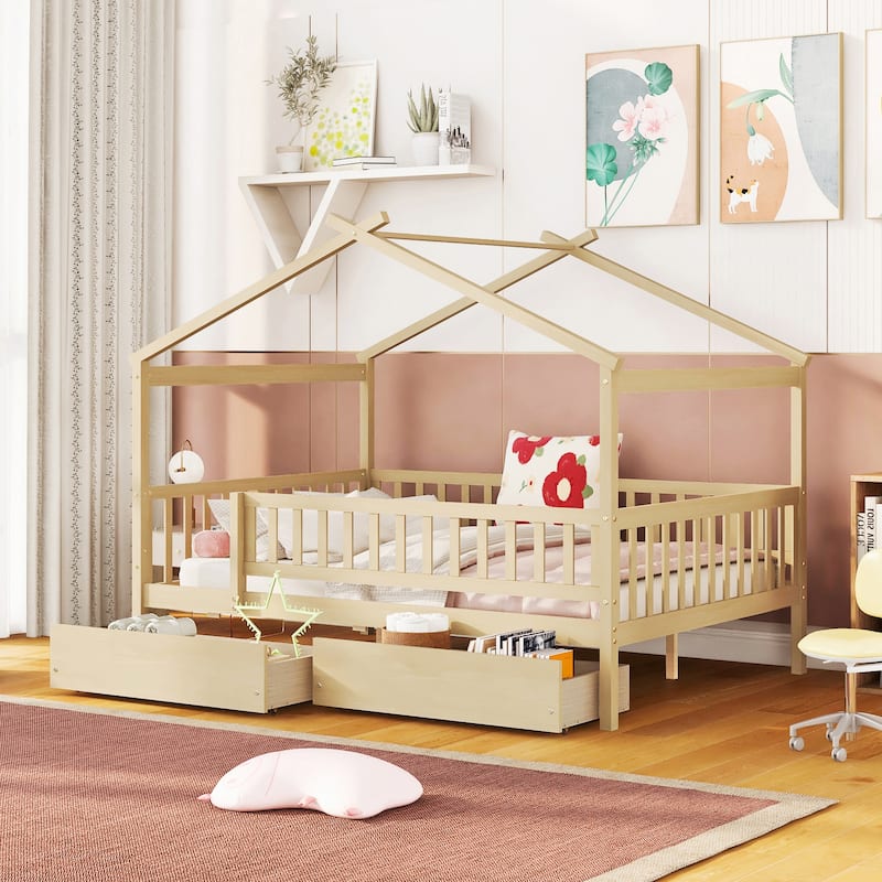 Kids Funny Canopy Bed Wooden Frame House Bed Full Size Platform Bed Daybed with Roof, Safety Guardrail and Drawers