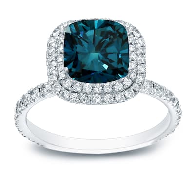 Auriya 18k Gold 3 carat TW Cushion-cut Halo Blue Diamond Engagement Ring