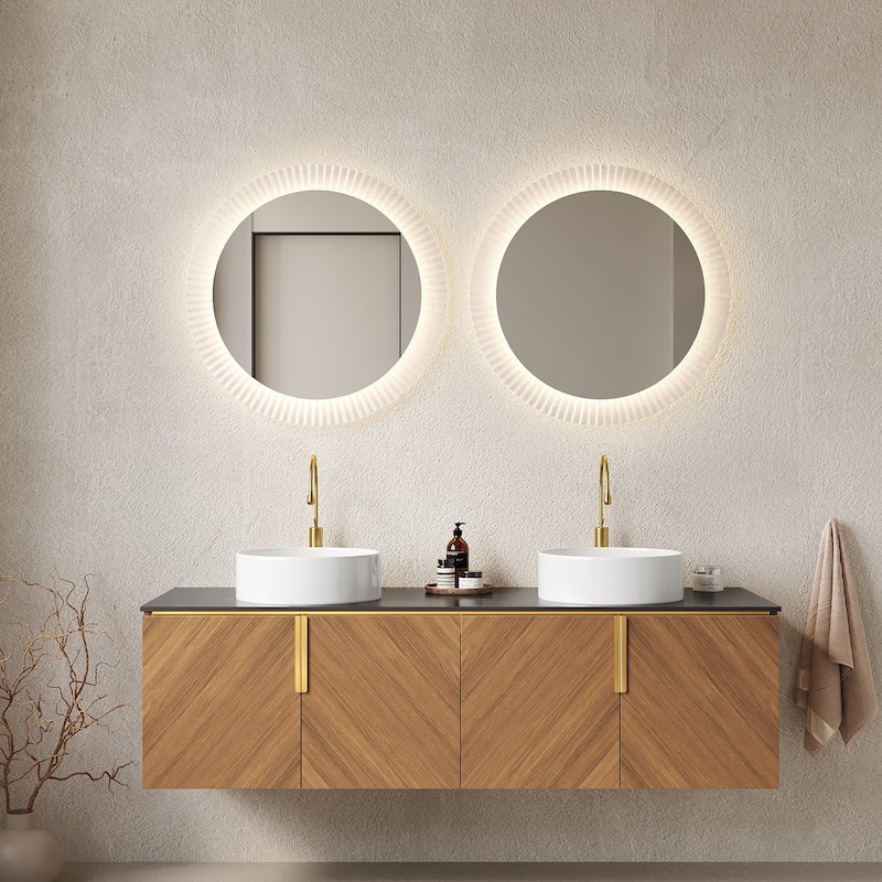 30"/60" Wall-Mounted Bathroom Vanity with Sintered Stone Countertop, Floating Bathroom Storage Cabinet, Round Ceramic Basin - Brown+Black - 60 Inch