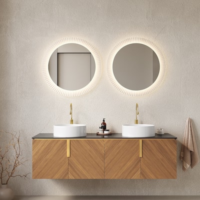 Brown Oak Grain Finish Cabinet with Diagonal Design and White Round Basin, Wall Floating Storage Cabinet with Soft Close System