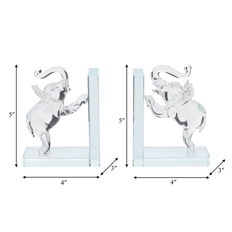 Set of 2 Clear Frosted Elephant Bookends - Contemporary Crystal 5" Standing Elephant Bookends For Home or Office Book