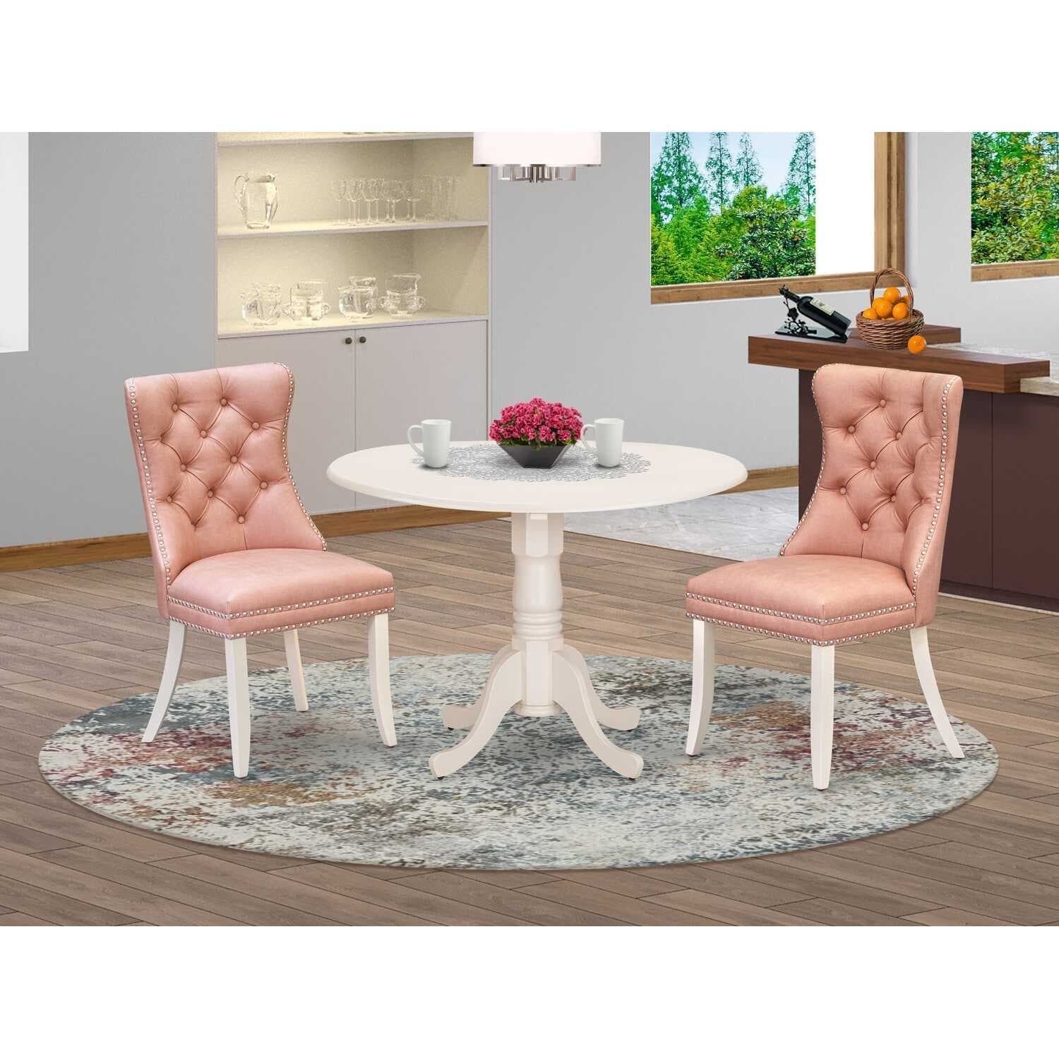 3-Piece Linen white Solid Wood Top-Round Upholstered Dining Room Set -Seats 4