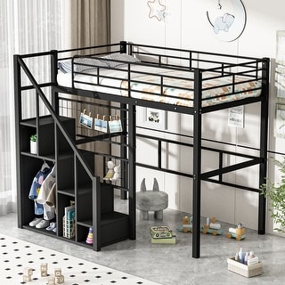 Black Twin Metal Loft Bed with Built-In Storage Stairs, Hanging Wardrobe Space, and Guardrails - No Box Spring Required
