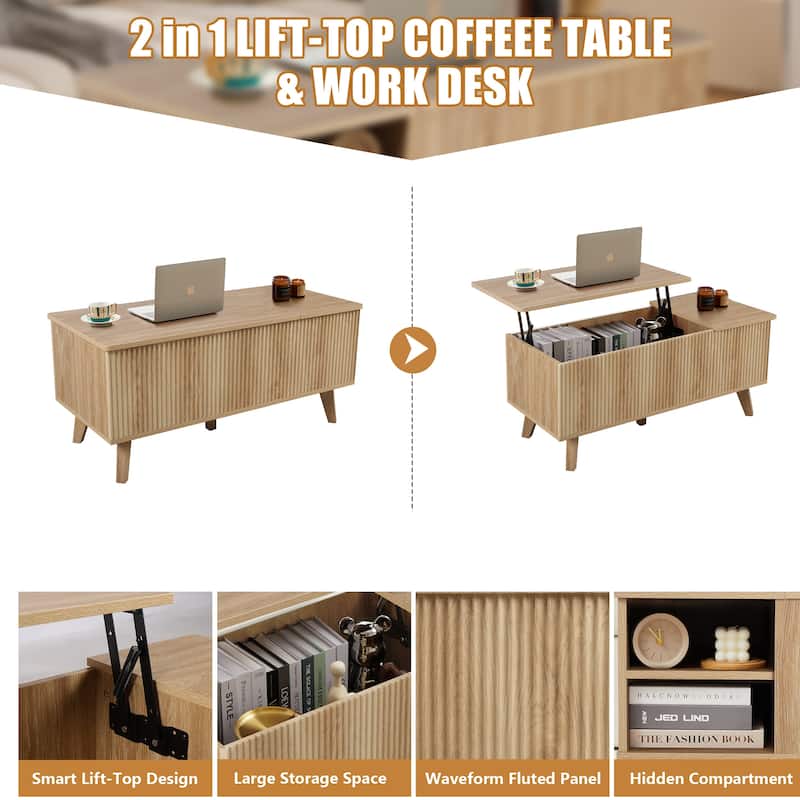 Wood Rectangular Lift-top Coffee Table Open Shelf