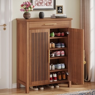 Shoe Storage Cabinet with Louvered Doors & Drawer, Wooden Shoe Rack for Closet, Entryway