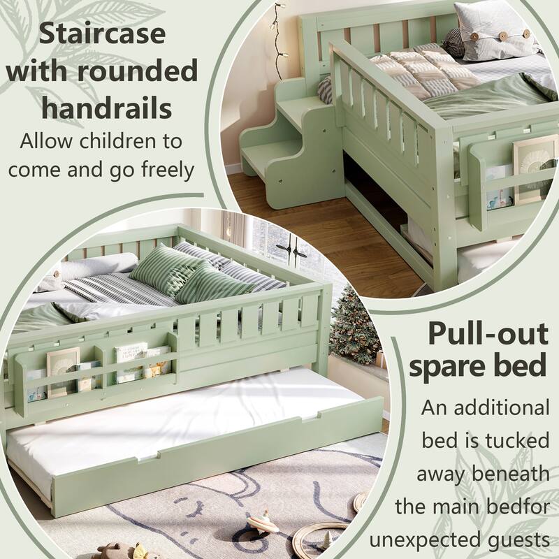 Full with Built-in Bookshelves and Small Staircase, High-Quality Safety Rails, and Trundle