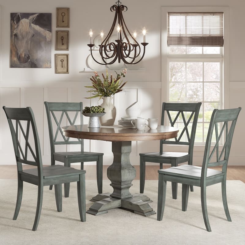 Eleanor Sage Green Round Solid Wood Top Double X Back 5-piece Dining Set by iNSPIRE Q Classic - Antique Sage Green Table - Antique Sage Green