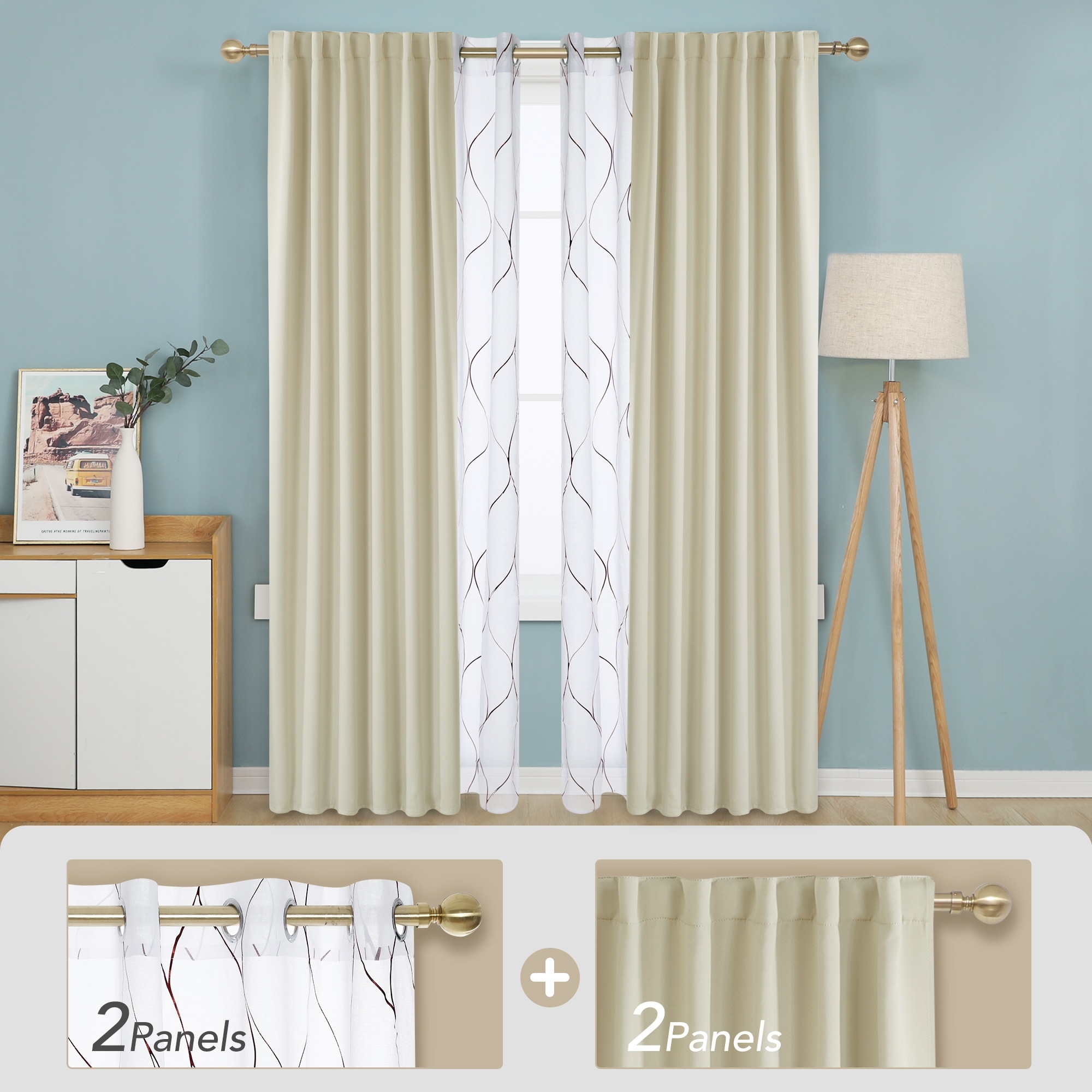 Deconovo Mix & Match Blackout and Bronze Print White Sheer 4 Piece Curtain Panel Set
