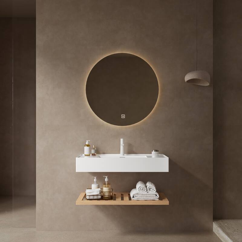 Elegant Floating Bathroom Vanity Set with Wall-mounted Rectangular Integrated Acrylic Basin and Wood Grain Striped Shelf - Natural - 36 Inch