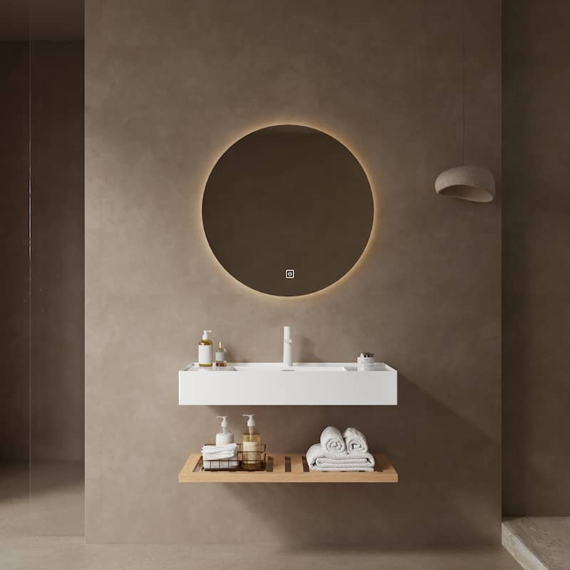 GDFStudio - Lede 30" Bathroom Vanity with Acrylic Integrated Basin, Striped Shelves Layer & Woodgrain Finish, WITHOUT Faucet