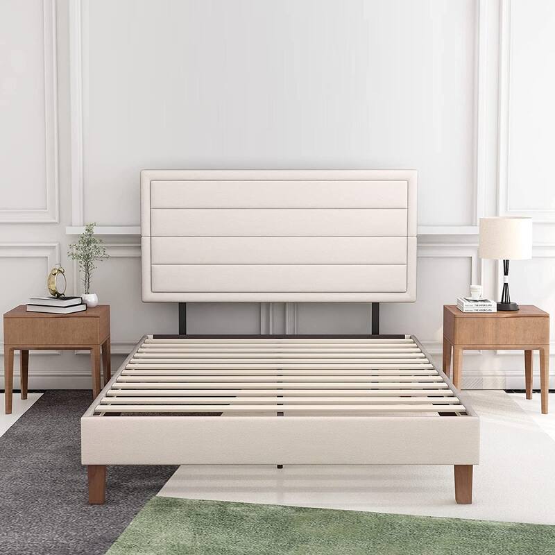 Full Size Upholstered Platform Bed Frame / Mattress Foundation / Wood Slat Support / No Box Spring Needed / Easy Assembly - Beige - Queen