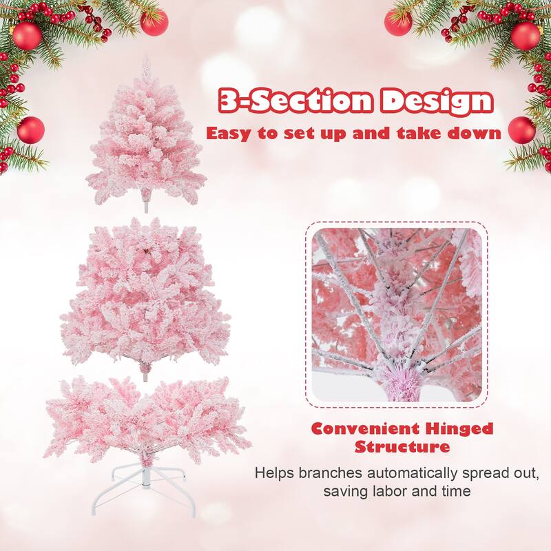 Gymax 6FT Pink Artificial Christmas Tree Pre-lit Hinged Snow Flocked