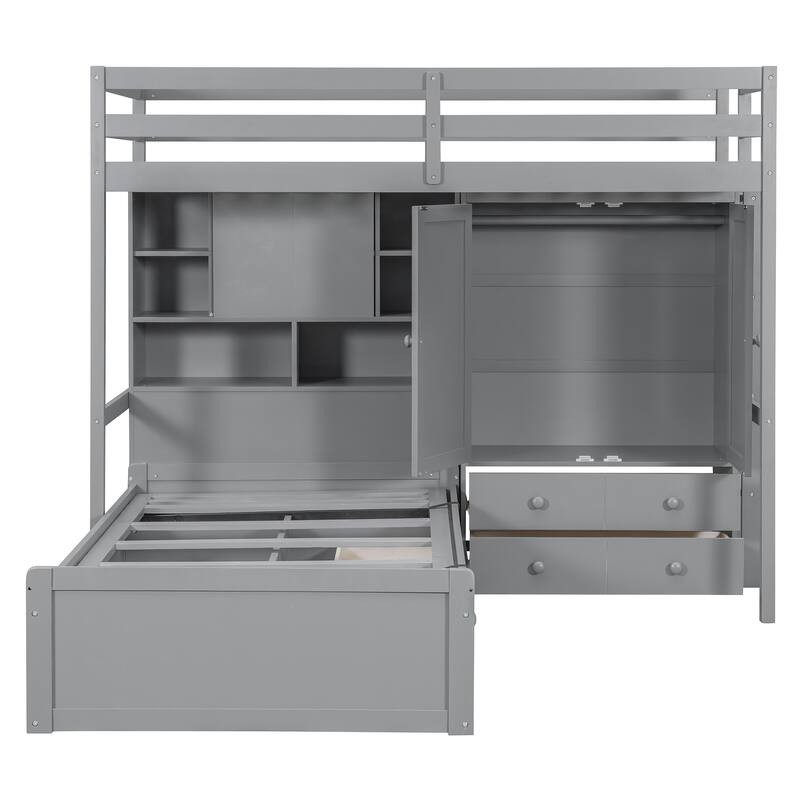 L-shaped Bunk Bed Twin Over Twin with Side Wardrobe and Under Drawers, Down Hydraulic Bed with Storage Shelves for Bedroom