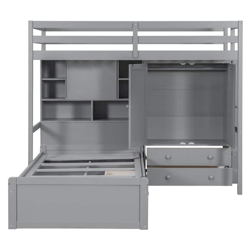 Roomfitters Twin Bunk Bed with Hydraulic Lift, Wardrobe, Storage Shelves and Drawers,