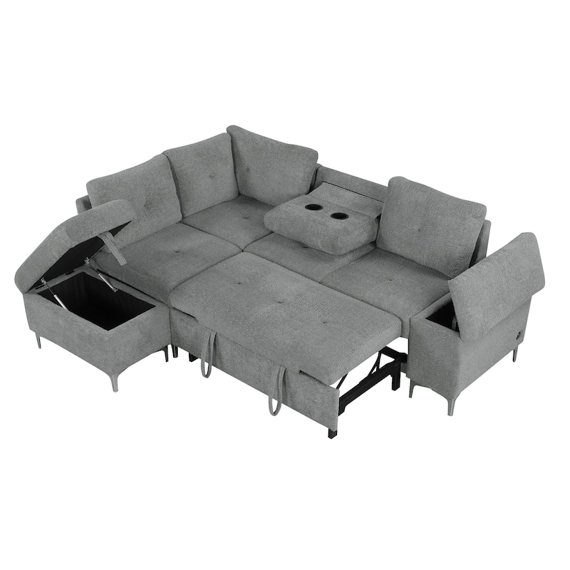 Innovative L-Shaped Convertible Sofa Bed with Ample Storage, USB Ports, and Retractable Backrest