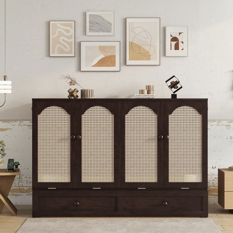 Pine Wood Cabinet Bed with Power Station and Rattan Decoration Panel