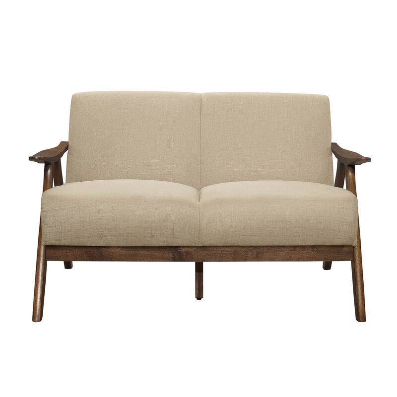 Indy 51 Inch Loveseat, Brown Rubberwood Angled Frame, Textured Beige Fabric