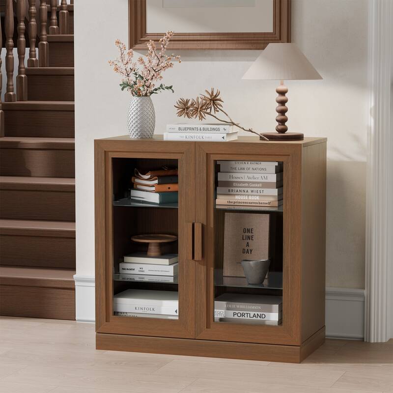 Modular Sideboard Buffet Cabinet with Tempered Glass Doors Credenza Console Table for Living Room Kitchen Dining Room Entryway - Walnut - 31 " x 31 " x 16 "