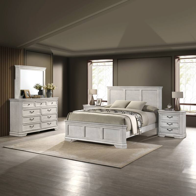 Roundhill Furniture Maderne Traditional Wood Panel Bed with Dresser, Mirror, Two Nightstands - Antique White - Queen