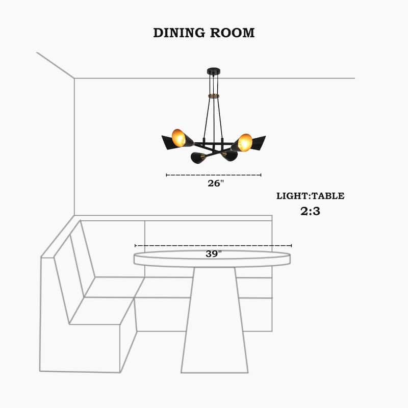 Modern 6-Light Black Gold Metal Chandelier Ceiling Lights for Dining Room - 26" D x 4.5" H