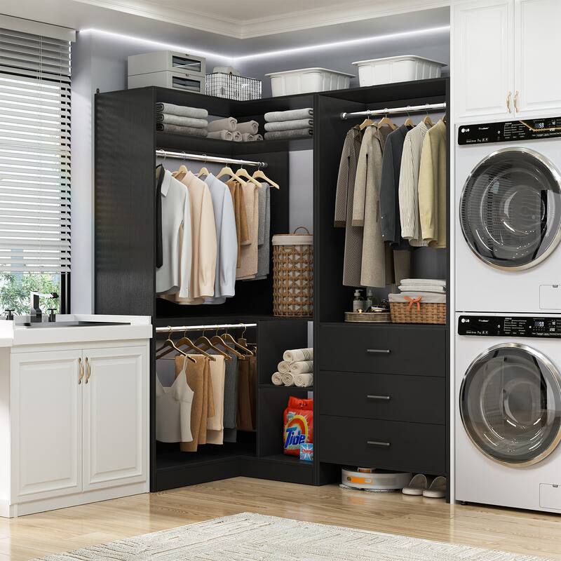 Set of 2 Freestanding Corner Closet Organizer with Drawers, Walk-in Closet System with Hanging Rods