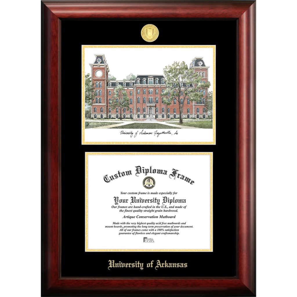 University of Arkansas 11w x 8.5h Gold Embossed Diploma Frame with Campus Images Lithograph