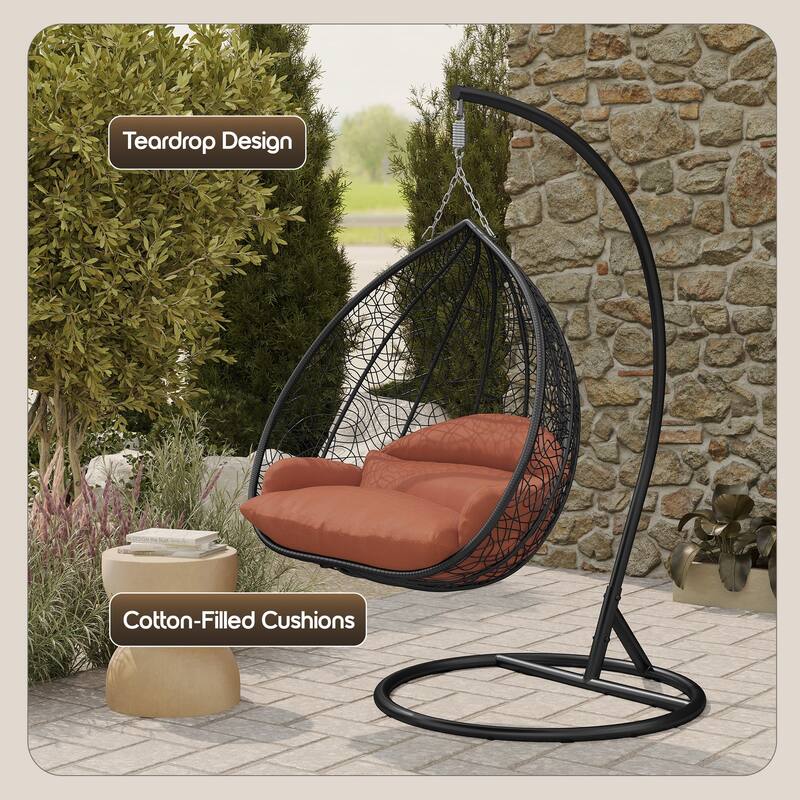 2-Person Outdoor Hanging Egg Chair with Teardrop Frame, Weather-Resistant Cotton Cushioned Seat for Patio and Indoor Use