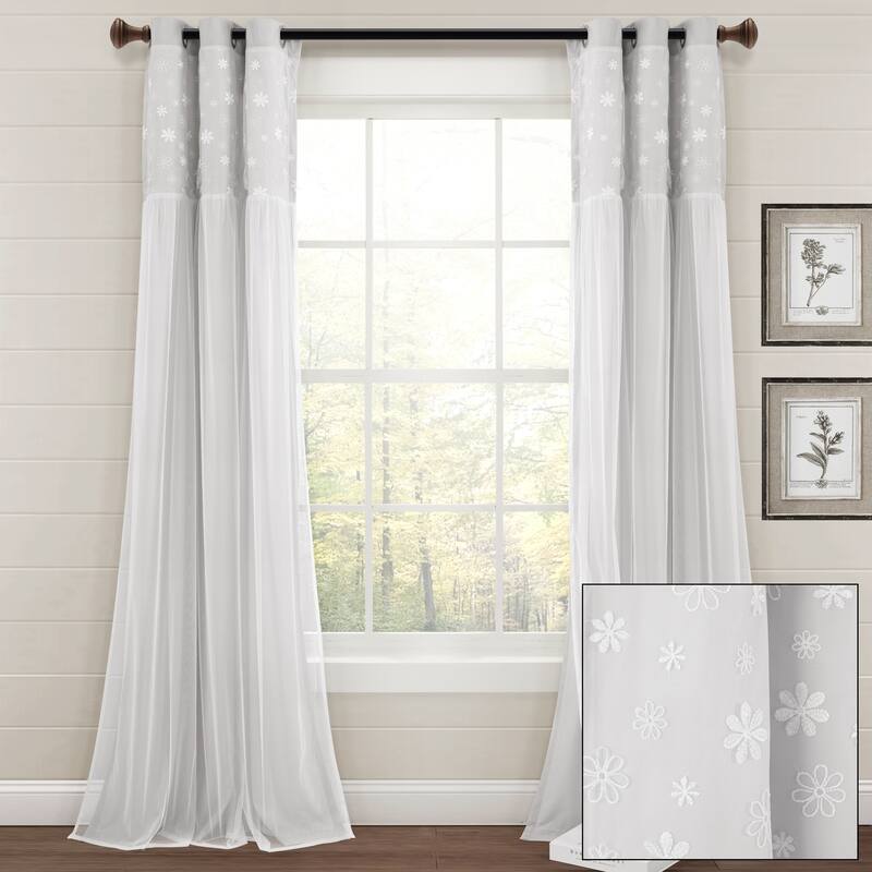 Lush Decor Dylin Flower Embroidery Window Curtain Panel Single - 84" x 40" - Light Gray