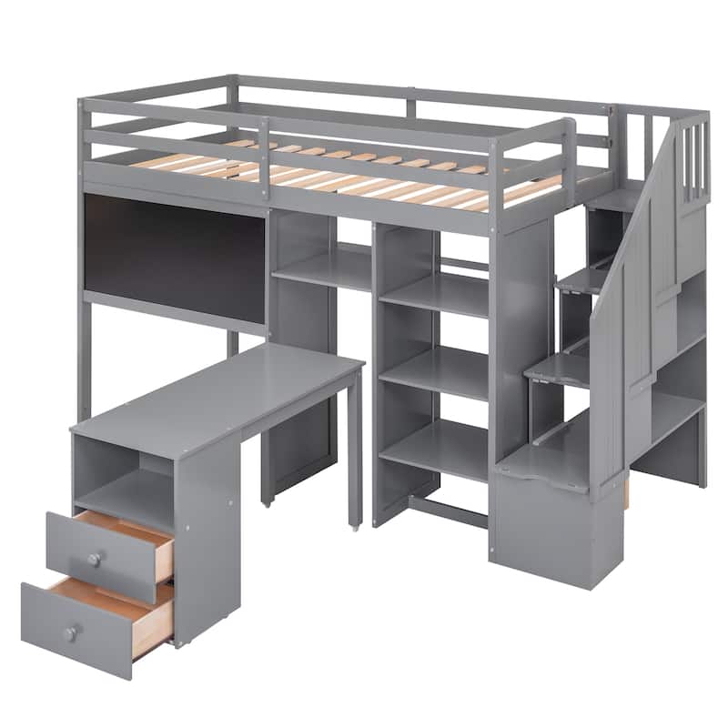 Twin Loft Bed with 4Tier Builtin Shelves, PullOut Desk, Storage Stairs, Blackboard Slat