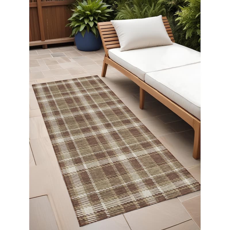 Alfiz Plaid Weather Resistant Blended Style Runner Outdoor Rug - 8' Runner - Multi