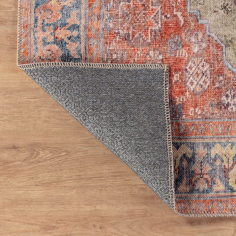 Beige Medallion Flat Pile Washable Rug - Pet Friendly, Non-Slip for Entryway and Bedroom