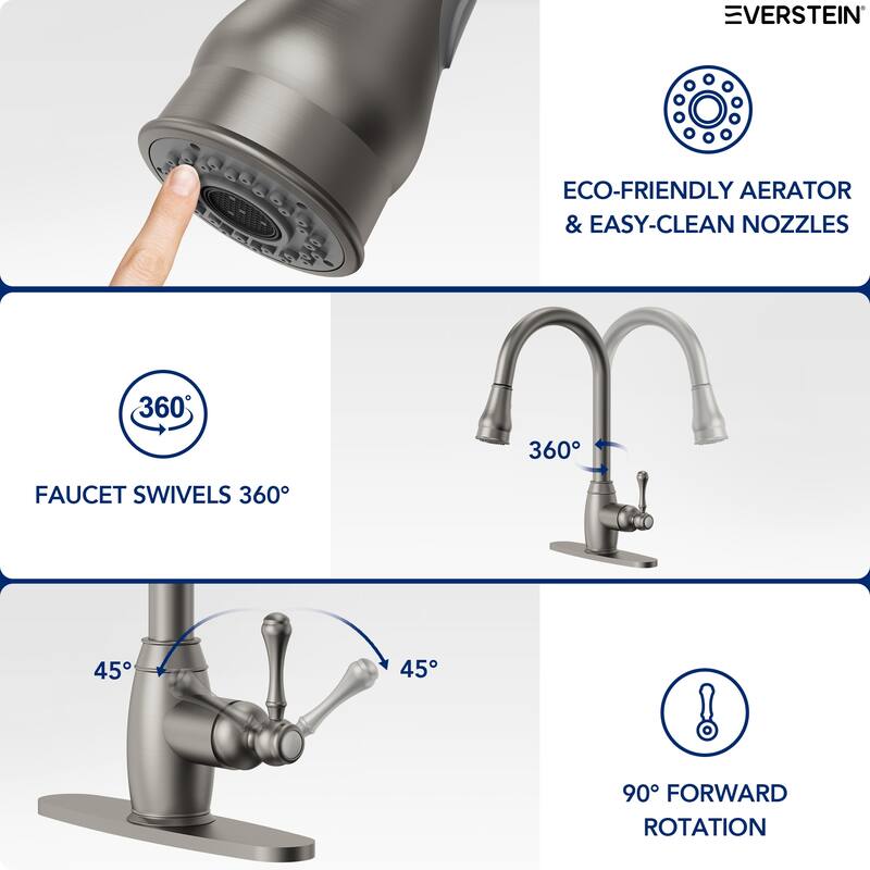 Single Handle Pull Down Sprayer Hot and Cold Kitchen Faucet 360° Spout Swivel with Deckplate