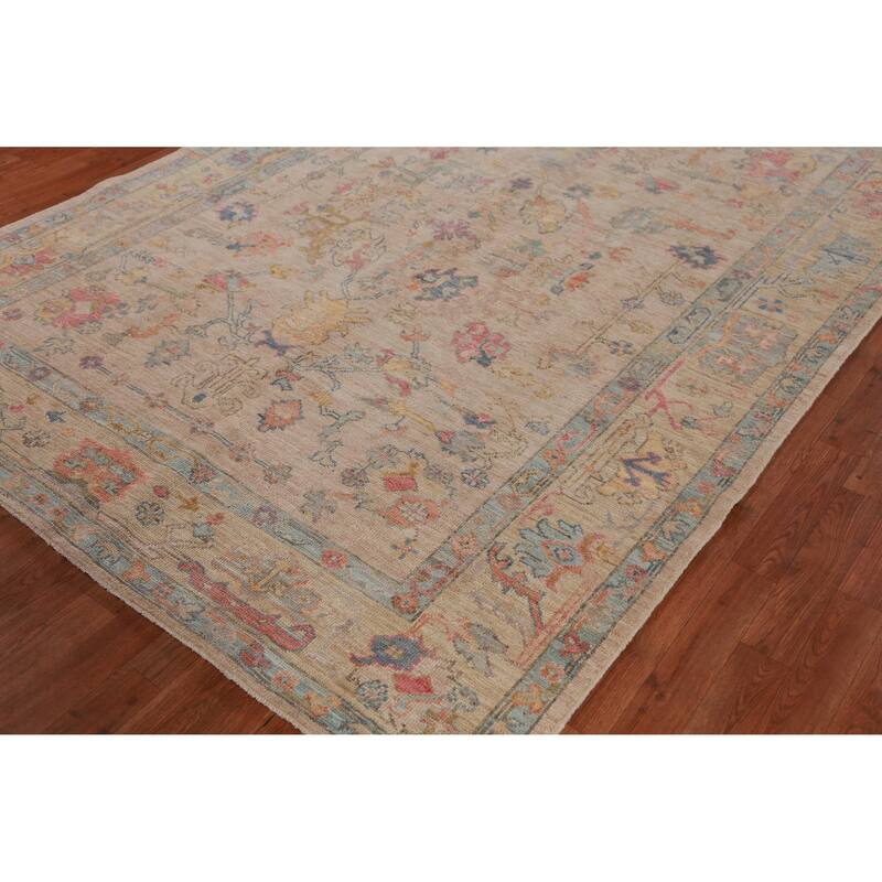 Hand Knotted Oriental 100% Wool Carpet Transitional All-Over Peach Oushak Area Rug - 8' 10'' X 6' 3''