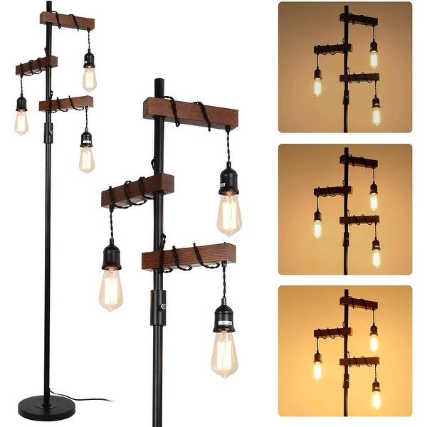 3 Head Dimmable Floor Lamp with Retro Black Metal Solid Wood Base Adjustable Brightness Easy Assembly Natural Wood Caramel