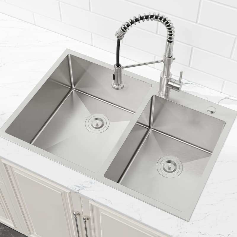 Embedded Double Bowl Kitchen Sink, Undermount Handmade Sink in Brushed (Sink only)