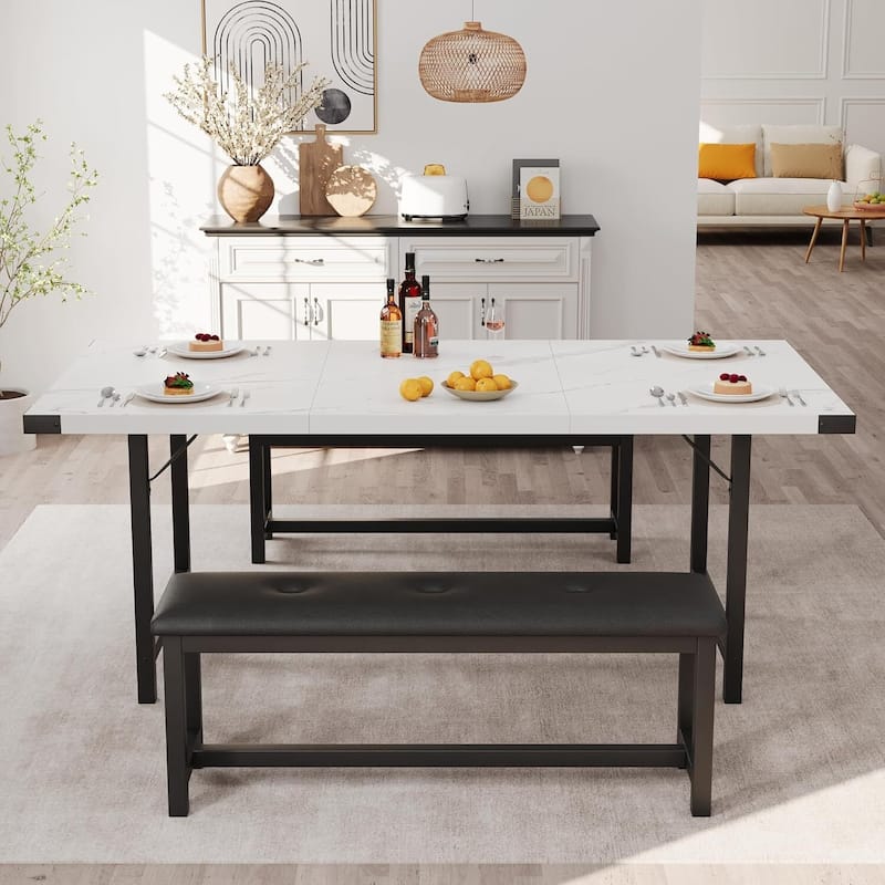 Extendable Kitchen Dining Table Set with 2 Upholstered Benche for 4 for Kitchen, Apartment, Studio