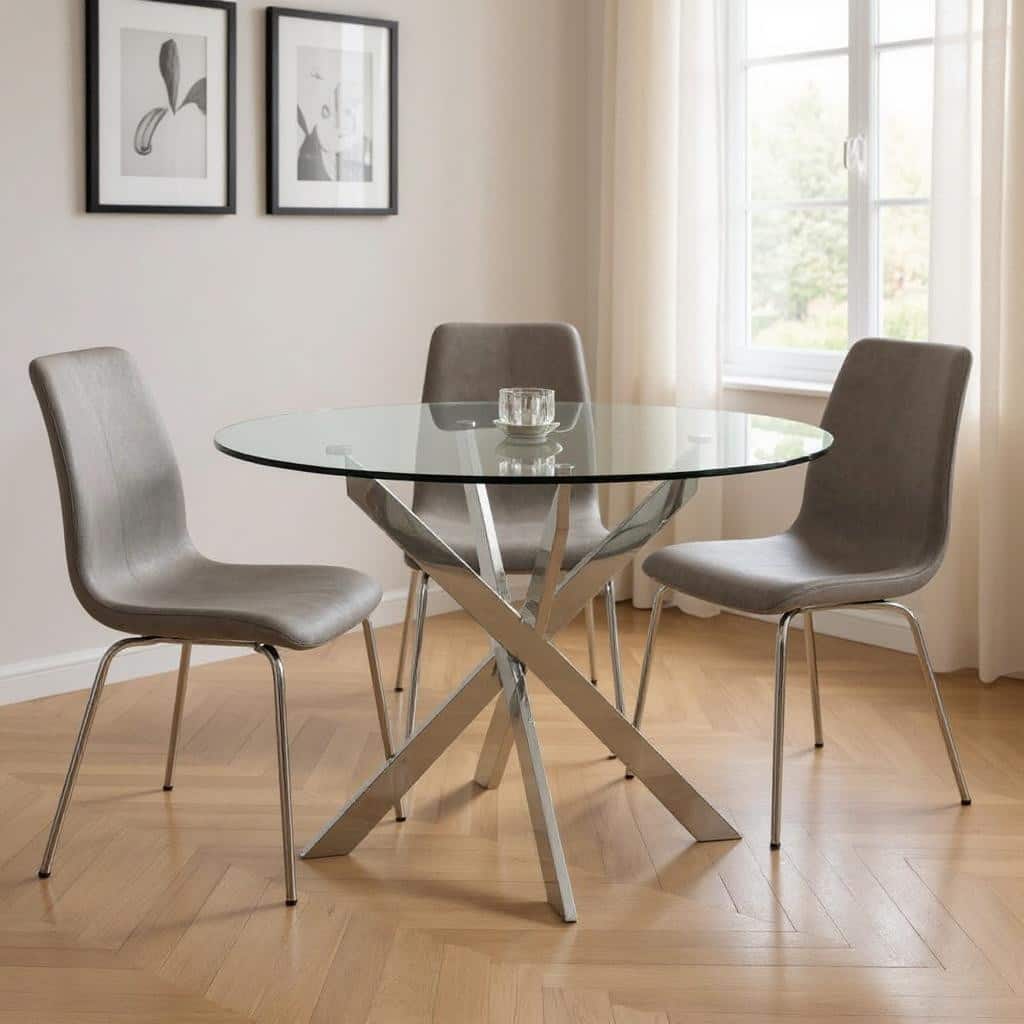 HomeRoots 48" Clear and Silver Glass and Metal Cross Leg Base Round Top Dining Table - 48.00 in. x 30.00 in. x 48.00 in.