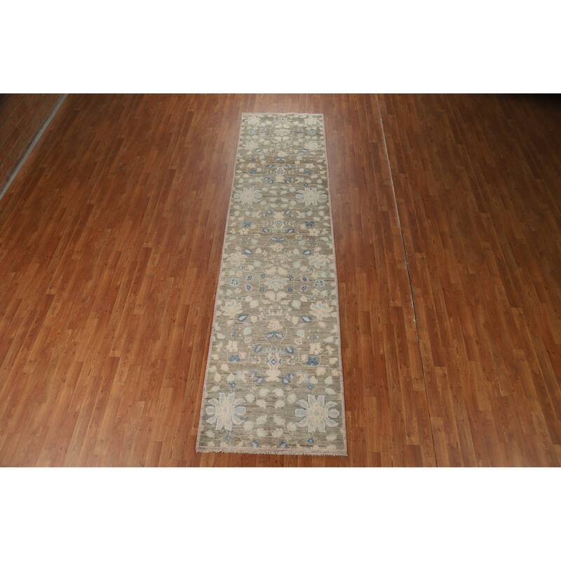 Hand Knotted Oriental 100% Wool Carpet Transitional All-Over Greys & Charcoal Oushak Runner Rug - 11' 8'' X 3' 0''