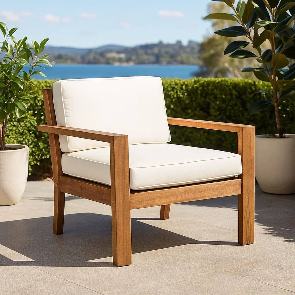 Outdoor Accent Chair, Slat Panel, Wire Brush Acacia Wood, Ivory Fabric