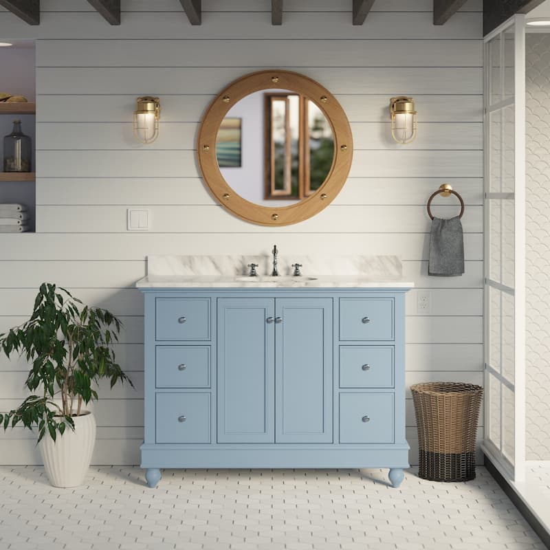 KitchenBathCollection Bella 48" Bathroom Vanity with Carrara Marble Top - Powder Blue