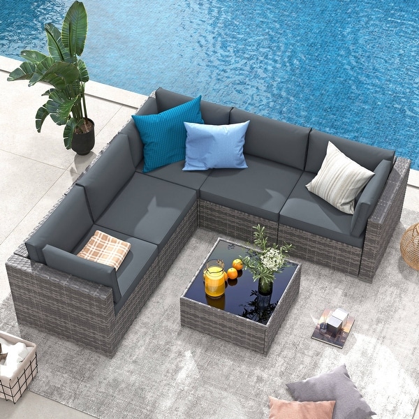 6-Piece Outdoor Wicker Sectional Sofa Set with Cushions - On