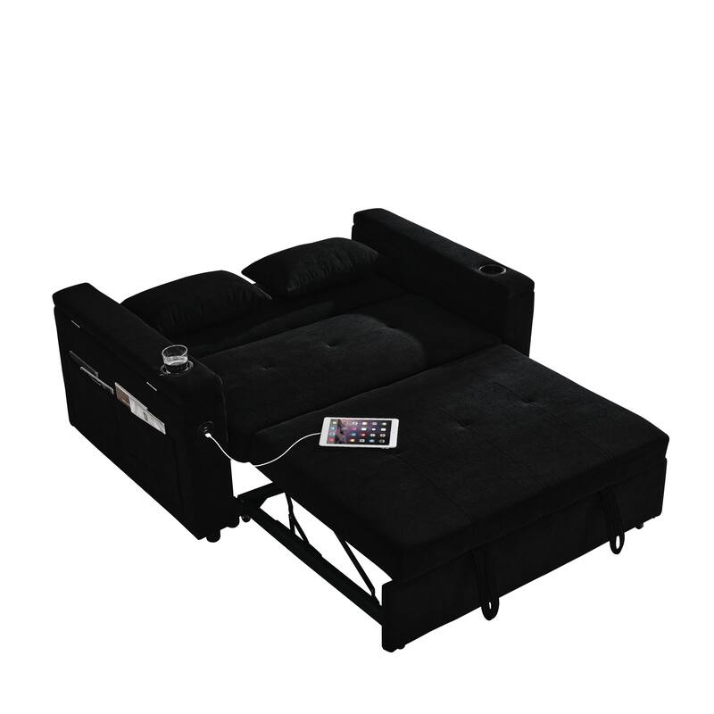 Chenille Pull-Out Sleeper Loveseat Bed Adjustable Backrest Tufted Futon Sofa with 2 Pillow and USB Ports, Pockets