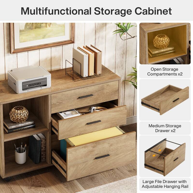 63" L Shaped Executive Office Desk with Mobile Lateral File Cabinet