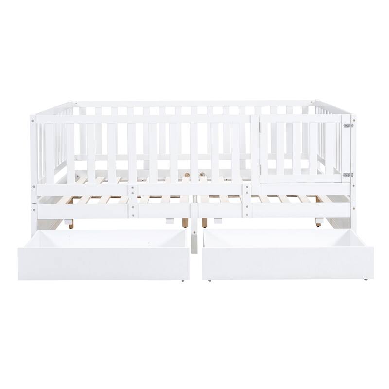 Full Size Wood Daybed with Fence Guardrails and 2 Drawers