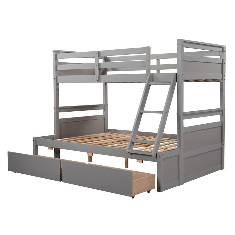 Twin over Full Bunk Bed with Storage in Gray, Space-Saving Design with Drawers